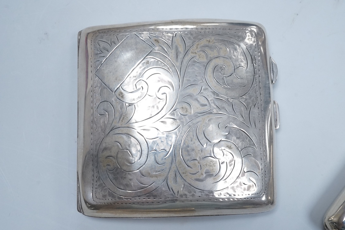 Two North American Edward I. Farmer of New York engraved sterling matchbox slides, one mounted with a jadeite carving, the other with polychrome enamelled surmount, both approximately 60mm.